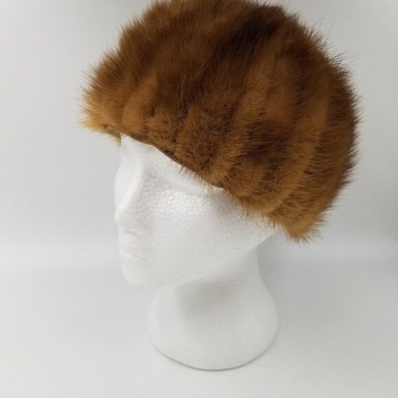 Vintage 60s Miss Alexis Mink Hat Fitted Beanie Brown Fur 7" - Picture 2 of 8